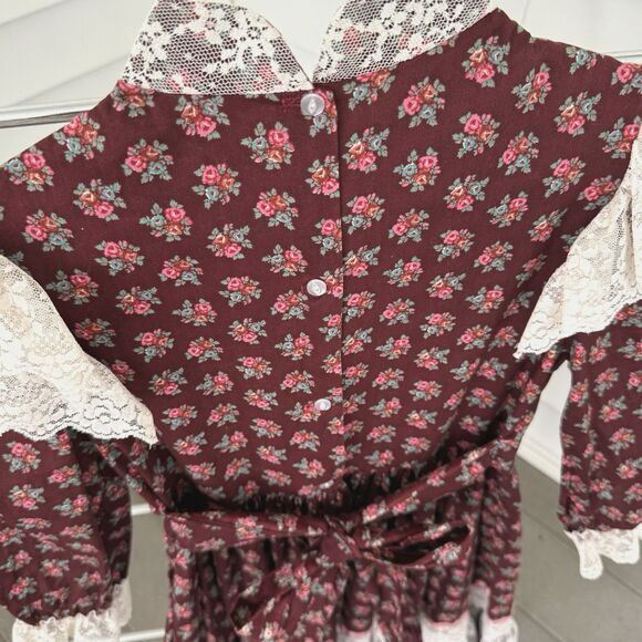 Vtg Girls Dress Mini World Sz 8 Maroon Calico Prairie Ruffle Cottagecore Lace - Picture 5 of 12